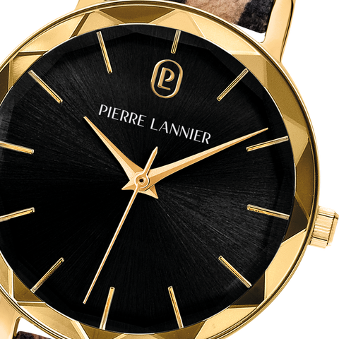 Montre Femme Pierre Lannier Multiples Quartz 30 mm – Réf. 010P539 – Cadran Noir, Bracelet Cuir Léopard 14 mm, Doré