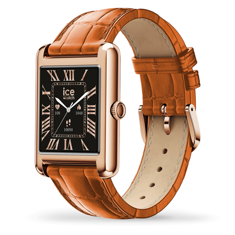 Montre connectée ICE smart TKS 2.0 – Réf. 025383 – Rectangulaire 1.41’’ AMOLED – Rose-Gold Cognac – Bracelet cuir alligator marron