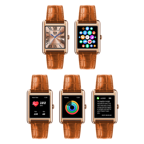 Montre connectée ICE smart TKS 2.0 – Réf. 025383 – Rectangulaire 1.41’’ AMOLED – Rose-Gold Cognac – Bracelet cuir alligator marron