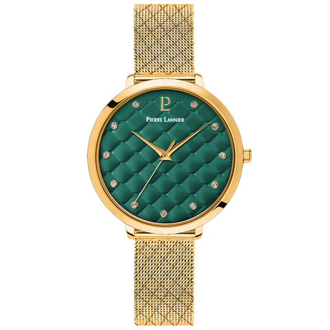 Montre Femme Pierre Lannier Grace 030M572 – Doré, Cadran Vert, Bracelet Acier Milanais 14 mm