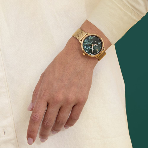 Montre Femme Pierre Lannier TALLIA 063G572 – Dorée – Cadran Vert Floral – Bracelet Milanais Acier 16 mm – Fabriquée en France