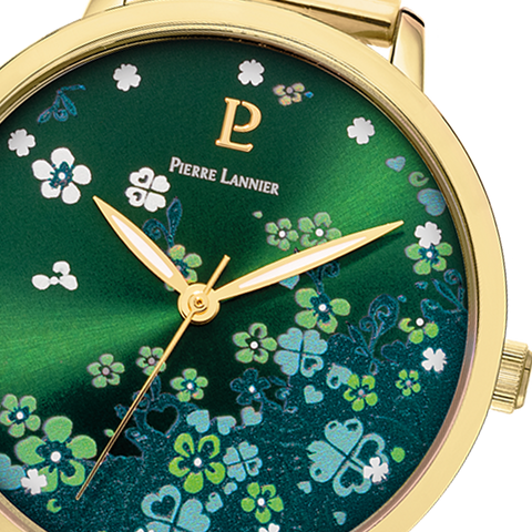 Montre Femme Pierre Lannier TALLIA 063G572 – Dorée – Cadran Vert Floral – Bracelet Milanais Acier 16 mm – Fabriquée en France