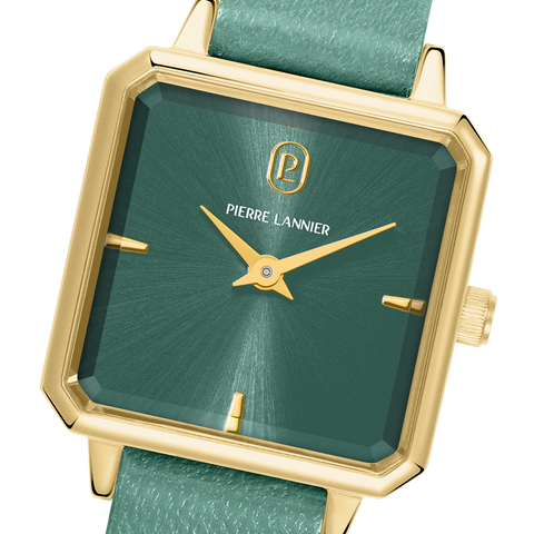 Montre Pierre Lannier Leonor 072J577 – Femme – Cadran Vert Soleillé – Bracelet Cuir Vert 12 mm – Doré – Fabriquée en France
