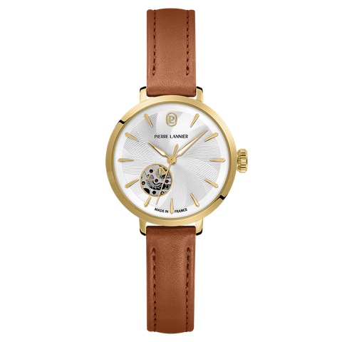 Pierre Lannier SOLINE 139L524 – Montre Automatique Femme Doré & Cuir Camel 32 mm