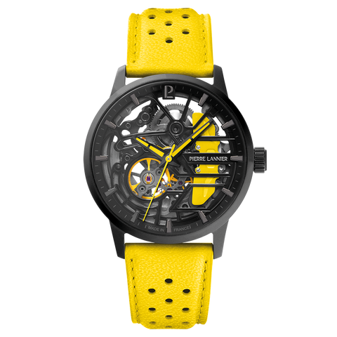 Montre Femme Pierre Lannier Paddock Noir Cadran Noir Bracelet Cuir Jaune – Réf. 145G849