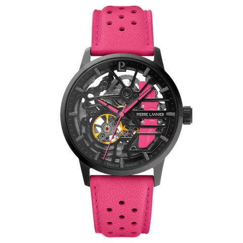 Montre Femme Pierre Lannier Paddock Noir Cadran Noir Bracelet Cuir Rose – Réf. 145G895