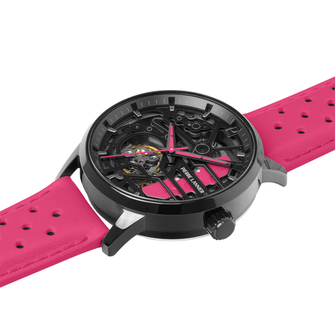 Montre Femme Pierre Lannier Paddock Noir Cadran Noir Bracelet Cuir Rose – Réf. 145G895