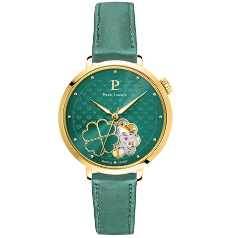 Montre Femme ESPERANCE Doré Cadran Vert Bracelet Cuir Vert 14 MM Réf 147K577
