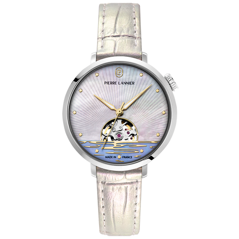 Montre Pierre Lannier Australe 150H900 – Femme – Automatique Cœur Ouvert – Cadran Blanc & Bracelet Cuir Blanc – Fabriquée en France