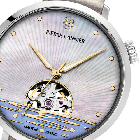 Montre Pierre Lannier Australe 150H900 – Femme – Automatique Cœur Ouvert – Cadran Blanc & Bracelet Cuir Blanc – Fabriquée en France