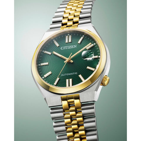 Montre Citizen Tsuyosa 60 Automatique 40 mm – Réf. NK0024-54X – Acier Bicolore Doré, Cadran Vert, Verre Saphir, Réserve 60 h