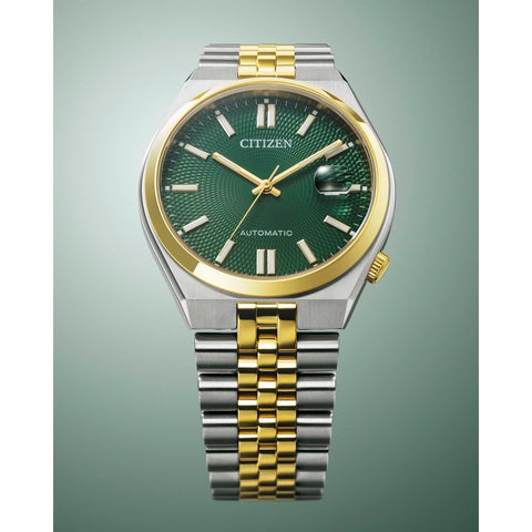 Montre Citizen Tsuyosa 60 Automatique 40 mm – Réf. NK0024-54X – Acier Bicolore Doré, Cadran Vert, Verre Saphir, Réserve 60 h