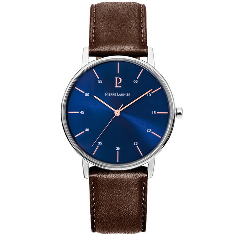 Montre Homme Pierre Lannier Cityline 202J164 – Cadran Bleu, Bracelet Cuir Brun Élégant