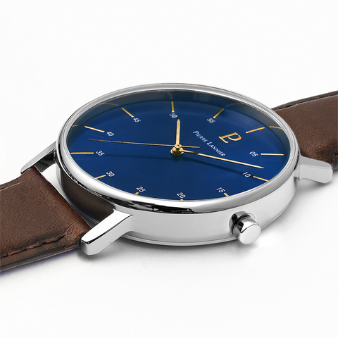 Montre Homme Pierre Lannier Cityline 202J164 – Cadran Bleu, Bracelet Cuir Brun Élégant