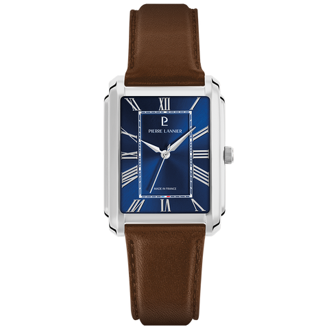 Pierre Lannier EMPIRE 212G164 – Montre Homme Rectangulaire Bleu & Cuir Brun