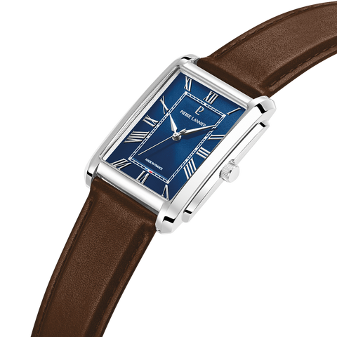Pierre Lannier EMPIRE 212G164 – Montre Homme Rectangulaire Bleu & Cuir Brun