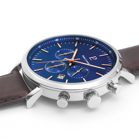 Montre Homme Pierre Lannier Baron 221F164 – Chronographe Cadran Bleu, Bracelet Cuir Brun 43mm