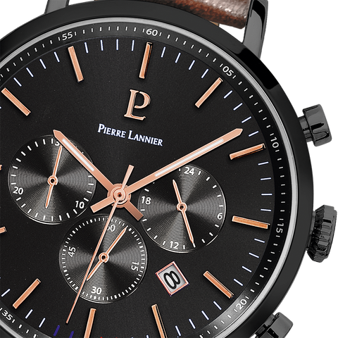 Montre Homme Pierre Lannier Baron 222G434 – Chronographe Cadran Noir, Bracelet Cuir Brun 43mm