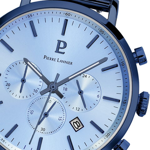 Montre Homme Pierre Lannier Baron 222G469 – Chronographe Cadran Bleu, Bracelet Acier Milanais Bleu 43mm