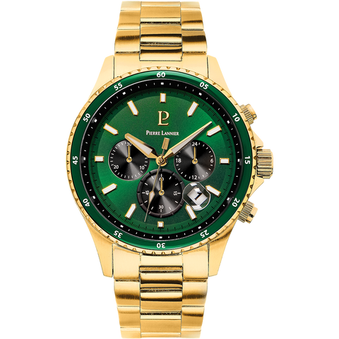Montre Homme Pierre Lannier CRONOS Cadran Vert Bracelet Acier Doré Réf 228J062