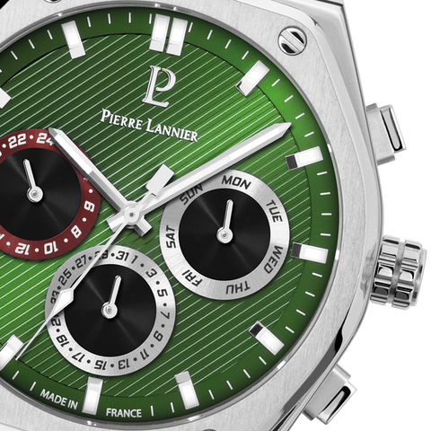 Montre Homme Pierre Lannier COPILOTE 230F171 – Argentée – Cadran Vert – Boîtier Tonneau 43 mm – Multifonctions – Fabriquée en France
