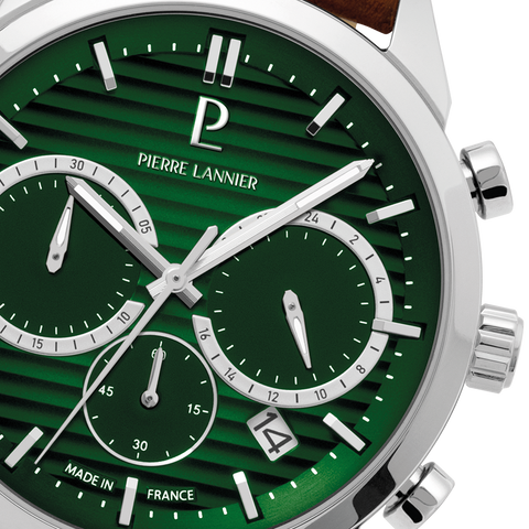 Montre Homme MONARCK Argenté Cadran Vert Bracelet Cuir Brun 22 MM Réf 232G174