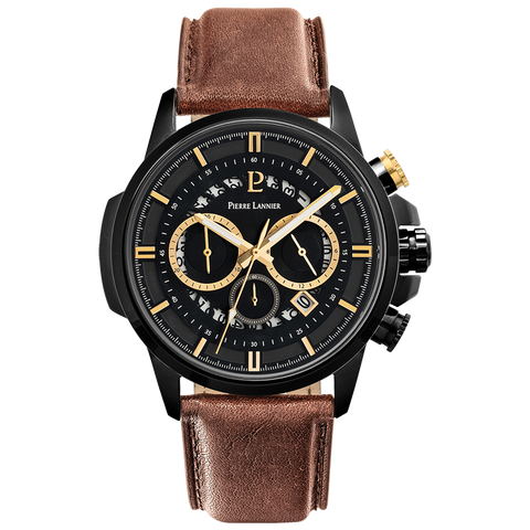 Montre Homme Pierre Lannier Sentinelle 237F434 – Cadran Noir, Bracelet Cuir Brun Élégant