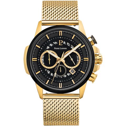 Montre Pierre Lannier Sentinelle 238G032 – Homme – Chronographe Doré & Cadran Noir – Bracelet Milanais Acier Doré – Fabriquée en France