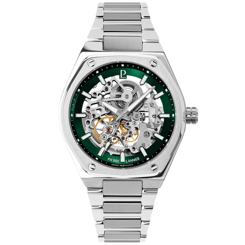 Montre Pierre Lannier Copilote 308G171 – Automatique Homme – Cadran Vert Squelette & Bracelet Acier – Fabriquée en France