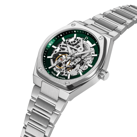 Montre Pierre Lannier Copilote 308G171 – Automatique Homme – Cadran Vert Squelette & Bracelet Acier – Fabriquée en France