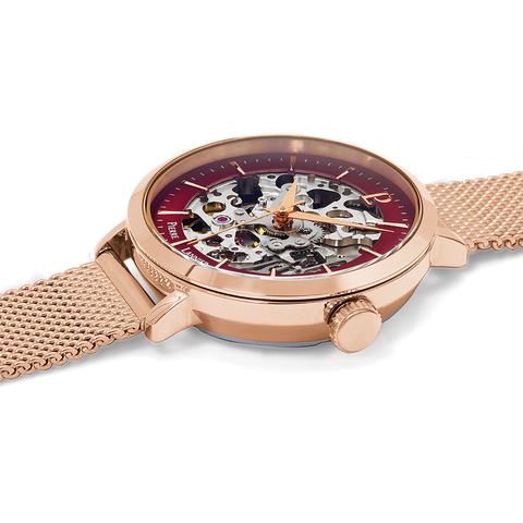 Montre Femme Pierre Lannier Automatique 35 mm – Réf. 313B958 – Cadran Squelette Framboise, Bracelet Acier Milanais Doré Rose