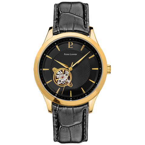 Montre Pierre Lannier Fleuret 336B033 – Homme – Automatique Vintage – Cadran Noir & Bracelet Cuir Noir – Fabriquée en France