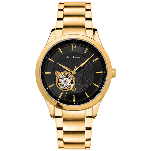 Montre Pierre Lannier Fleuret 337B032 – Homme – Automatique Dorée – Cadran Noir & Bracelet Acier Doré – Fabriquée en France