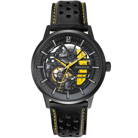 Pierre Lannier Paddock 338A443 â Montre Homme Chronographe 42mm Cadran Bleu Bracelet Cuir Noir SurpiquĂ© Jaune