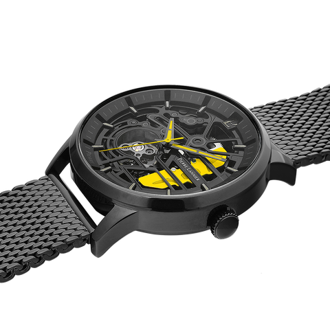 Coffret Pierre Lannier Paddock 385C449 – Homme – Automatique Squelette Noir & Jaune – 2 Bracelets Interchangeables – Fabriqué en France