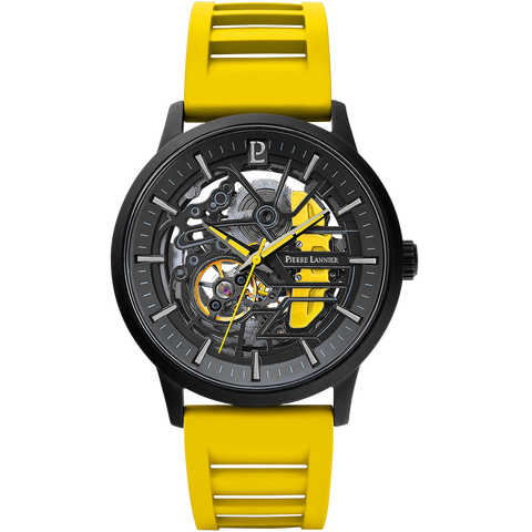 Pierre Lannier Paddock 341A449 – Montre Homme Chronographe 43mm Cadran Noir Bracelet Jaune Sport Racing