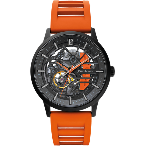 Montre Homme PADDOCK Noir – Cadran Noir & Bracelet Caoutchouc Orange 22 MM | Réf. 341A499