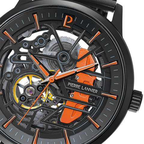 Montre Pierre Lannier Homme PADDOCK 345A499 – Automatique, Cadran Squelette Noir, Détails Orange, Bracelet Milanais 22 mm