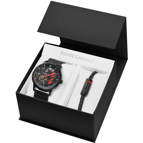 Coffret Pierre Lannier Paddock 384B439 â Montre Homme Full Black + Bracelet Acier Noir â Style Sport Chic â IdĂ©e Cadeau