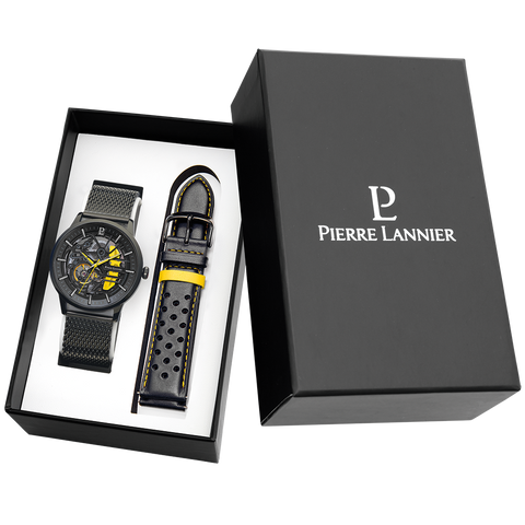 Coffret Pierre Lannier Paddock 385C449 – Homme – Automatique Squelette Noir & Jaune – 2 Bracelets Interchangeables – Fabriqué en France