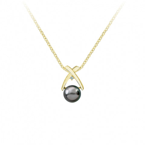 Iza-B - Collier pendentif géométrique en argent 925 rhodié doré, une perle de Tahiti et son diamant central de 0,020 ct