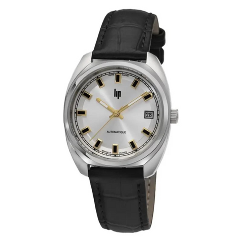 Montre LIP Général de Gaulle 671880 – Automatique 35mm – Fabriquée en France – Cadran argenté & bracelet cuir noir