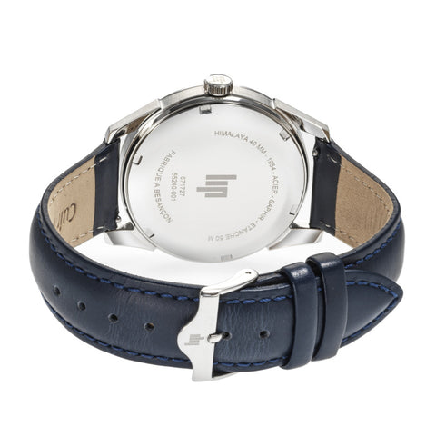 Montre LIP Himalaya Classique 40 mm 671727 – Quartz – Cadran Blanc Argenté – Bracelet Cuir Bleu – Verre Saphir – Fabriquée en France