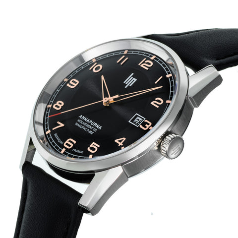 Montre LIP Annapurna Automatique 39 mm – Réf. 676010 – Mouvement Manufacture R26, Cadran Noir, Bracelet Cuir Noir, Étanche 50 m