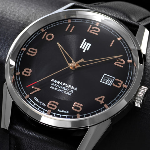 Montre LIP Annapurna Automatique 39 mm – Réf. 676010 – Mouvement Manufacture R26, Cadran Noir, Bracelet Cuir Noir, Étanche 50 m