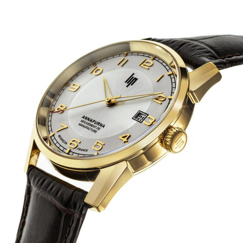 Montre LIP Annapurna Automatique 39 mm – Réf. 676012 – Mouvement Manufacture R26, PVD Doré, Cadran Blanc, Bracelet Cuir Alligator Marron
