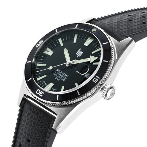 Montre LIP Nautic 666 Automatique 39 mm – Réf. 676050 – Mouvement Manufacture R26, Acier & Verre Saphir, Étanche 200 m, Bracelet Élastomère Noir
