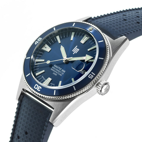 Montre LIP Nautic 666 Automatique 39 mm – Réf. 676051 – Mouvement Manufacture R26, Acier & Verre Saphir, Étanche 200 m, Bracelet Élastomère Bleu