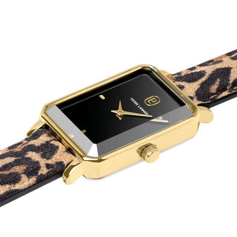 Montre Femme Pierre Lannier Ariane Quartz Rectangulaire – Réf. 006L539 – Boîtier PVD Jaune, Cadran Noir, Bracelet Cuir Léopard
