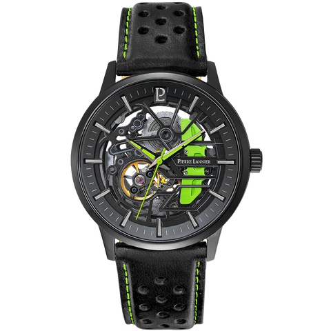 Montre Pierre Lannier Paddock Automatique Bracelet Cuir Noir Surpiqûre Verte – Réf. 341A477